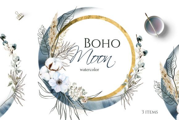 Download Boho Round Floral Frame with Blue Moon - Premium Bundle
