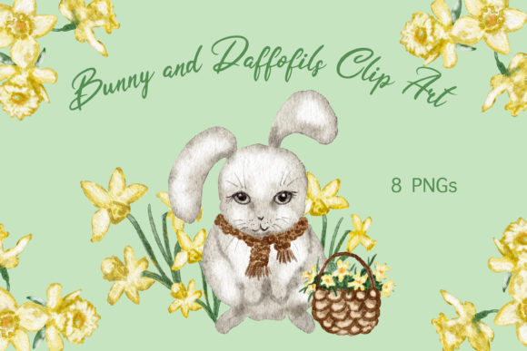Download Watercolor Bunny Daffodils Clip Art Set - Bunny Collection